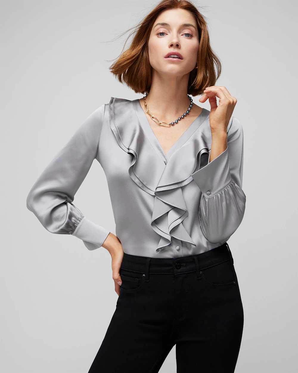 Ruffle front blouse deals long sleeve