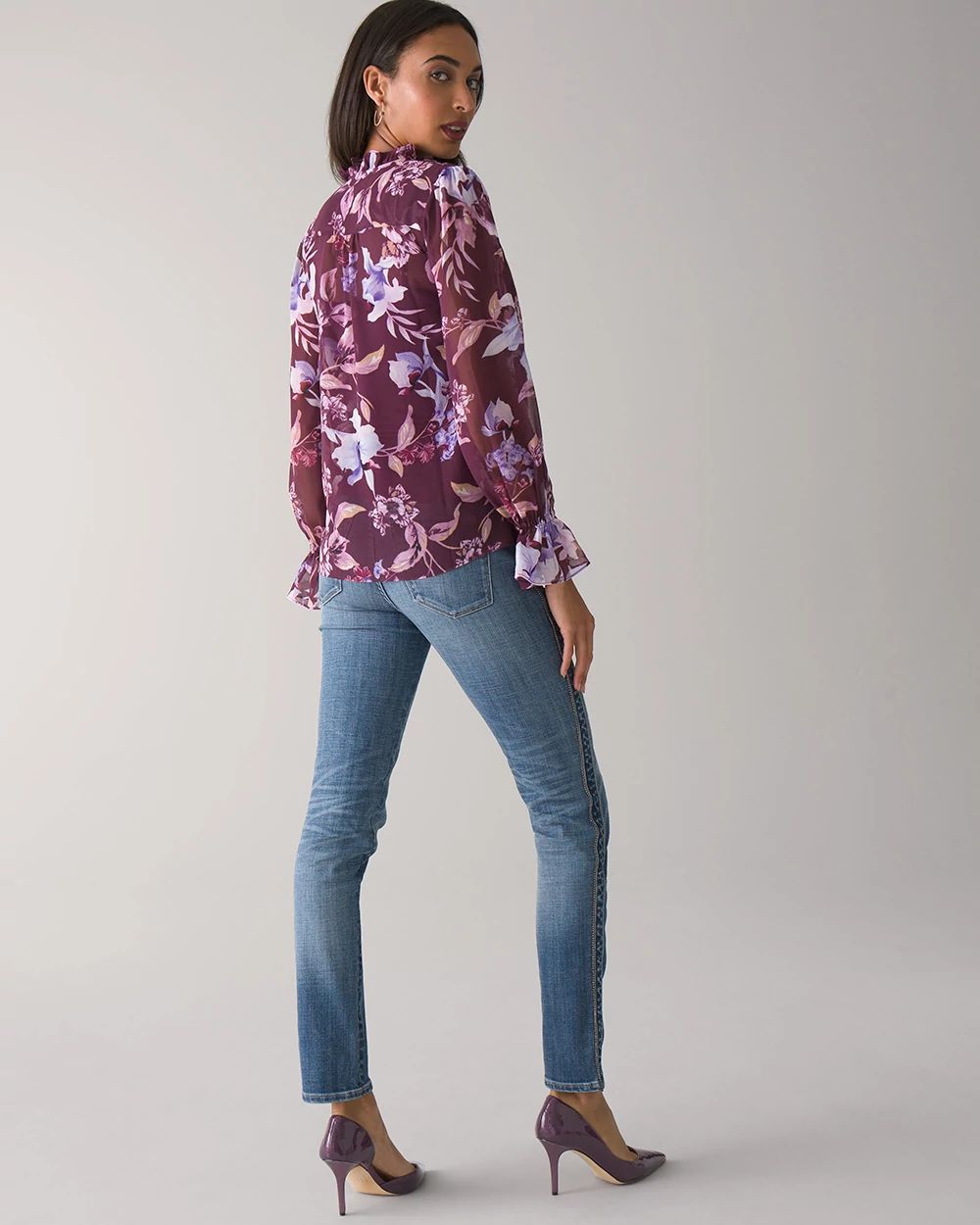 Long Sleeve Tie Neck Printed Blouse click to view larger image.