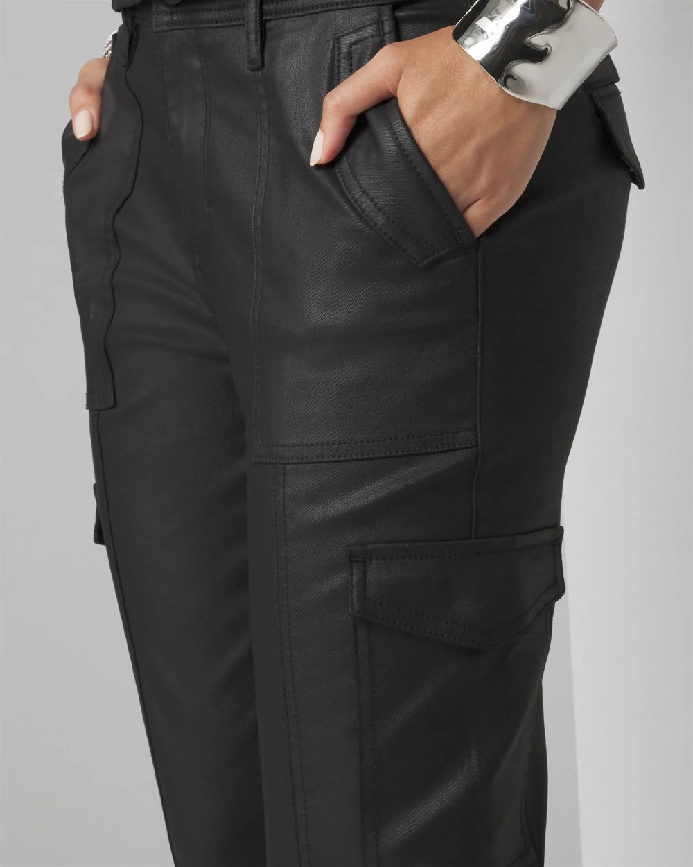Petite Mid-Rise Tapered Cargo Coated Jeans
