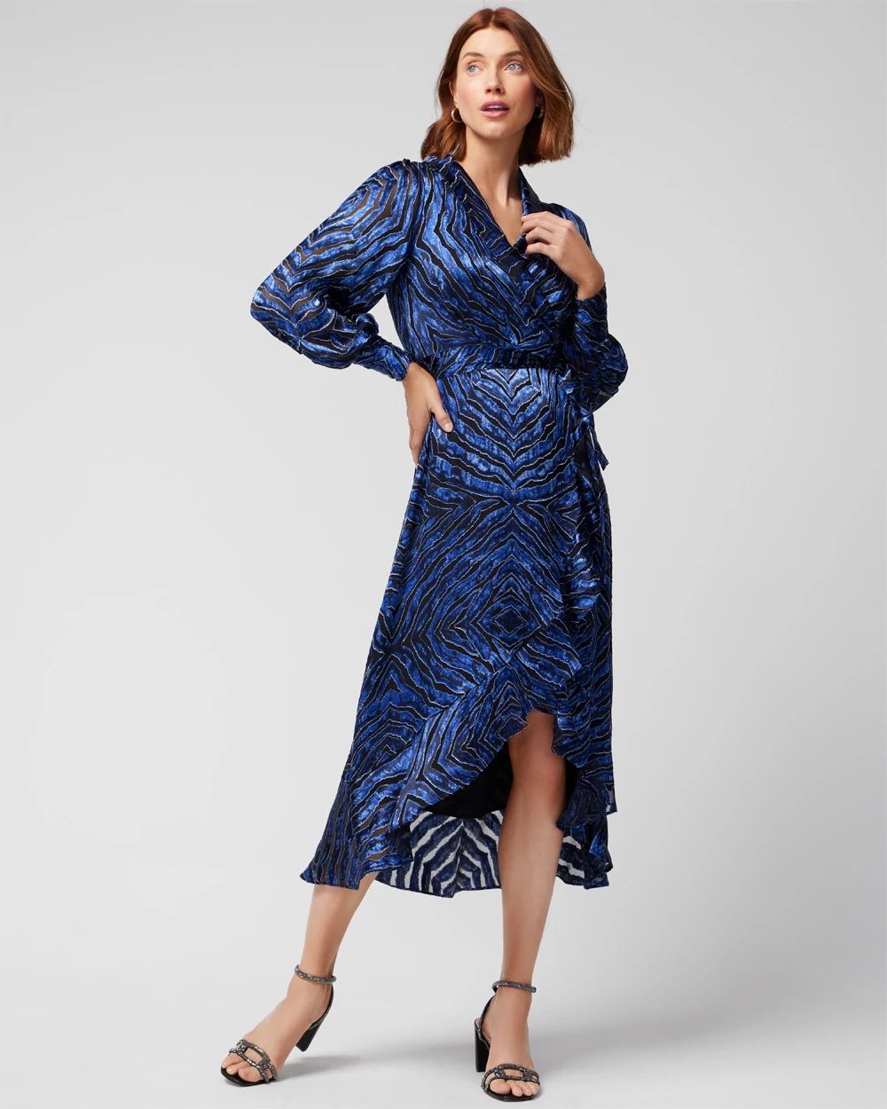 Long Sleeve Silk Burnout Wrap Dress