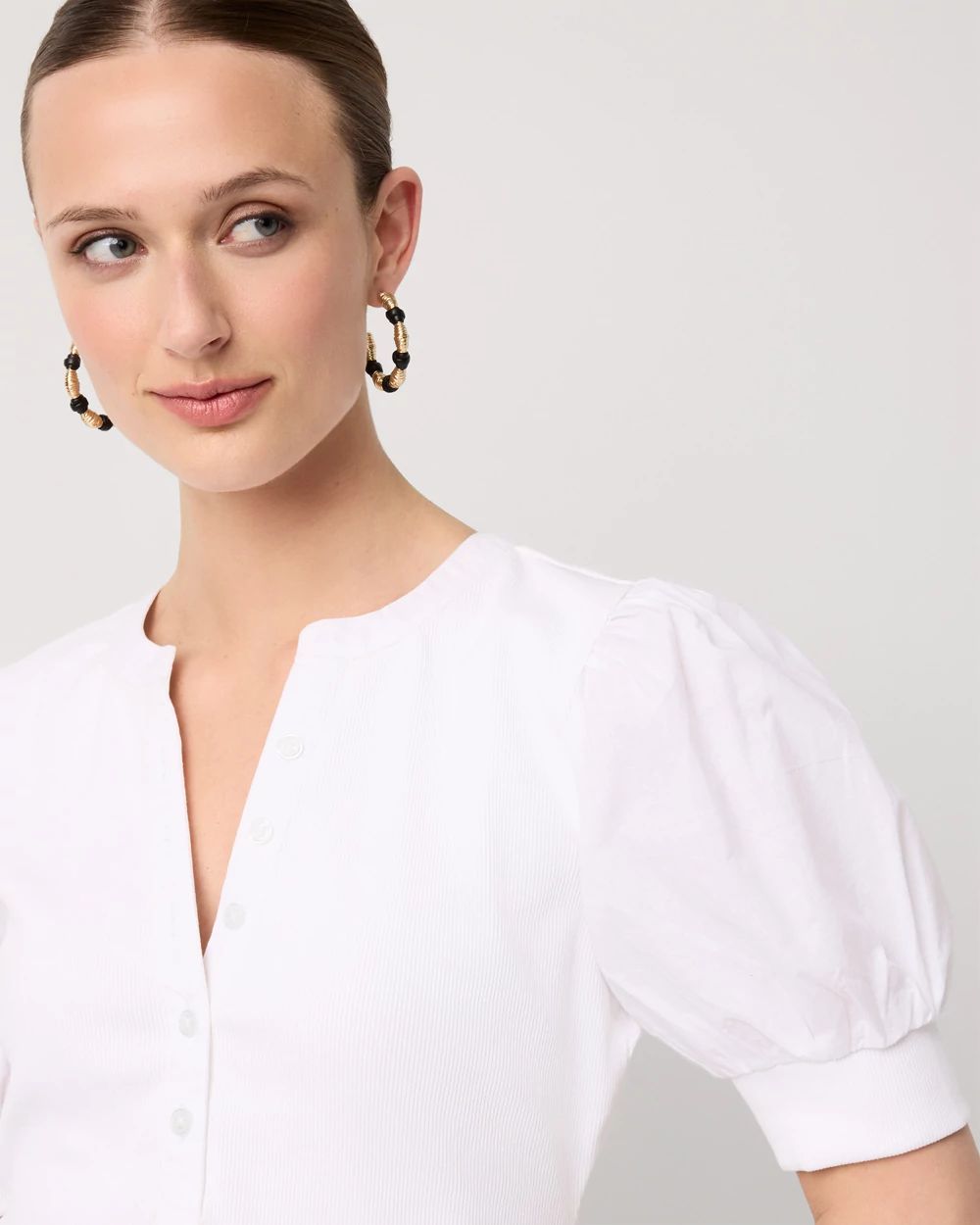 Poplin Puff Sleeve Henley Top click to view larger image.