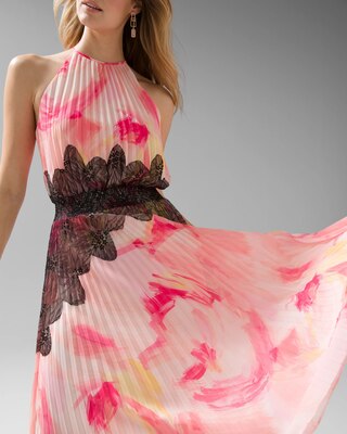 Sleeveless Pleated Halter Dress with Lace Detail
