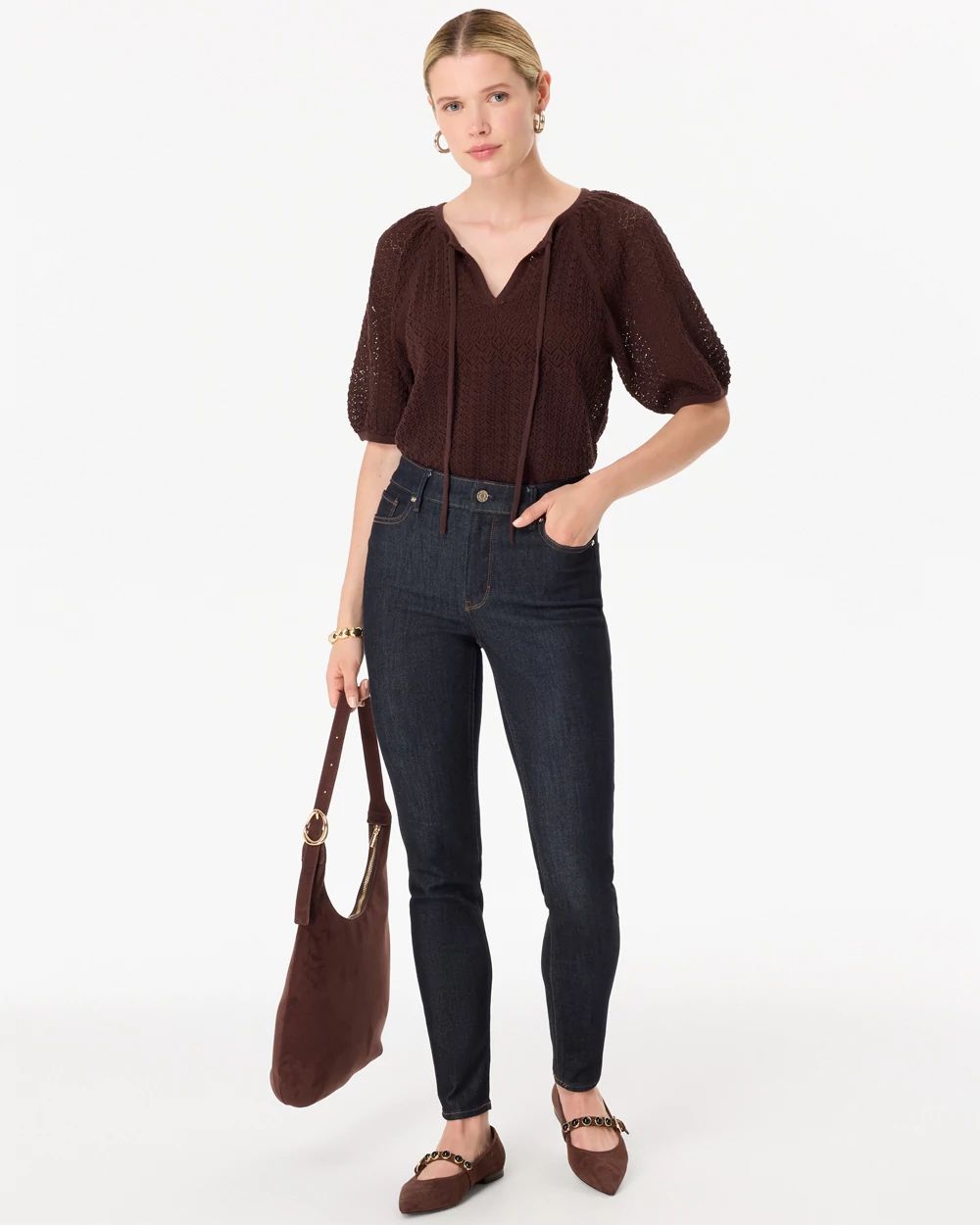 Pointelle Knit Puff Sleeve Pullover click to view larger image.