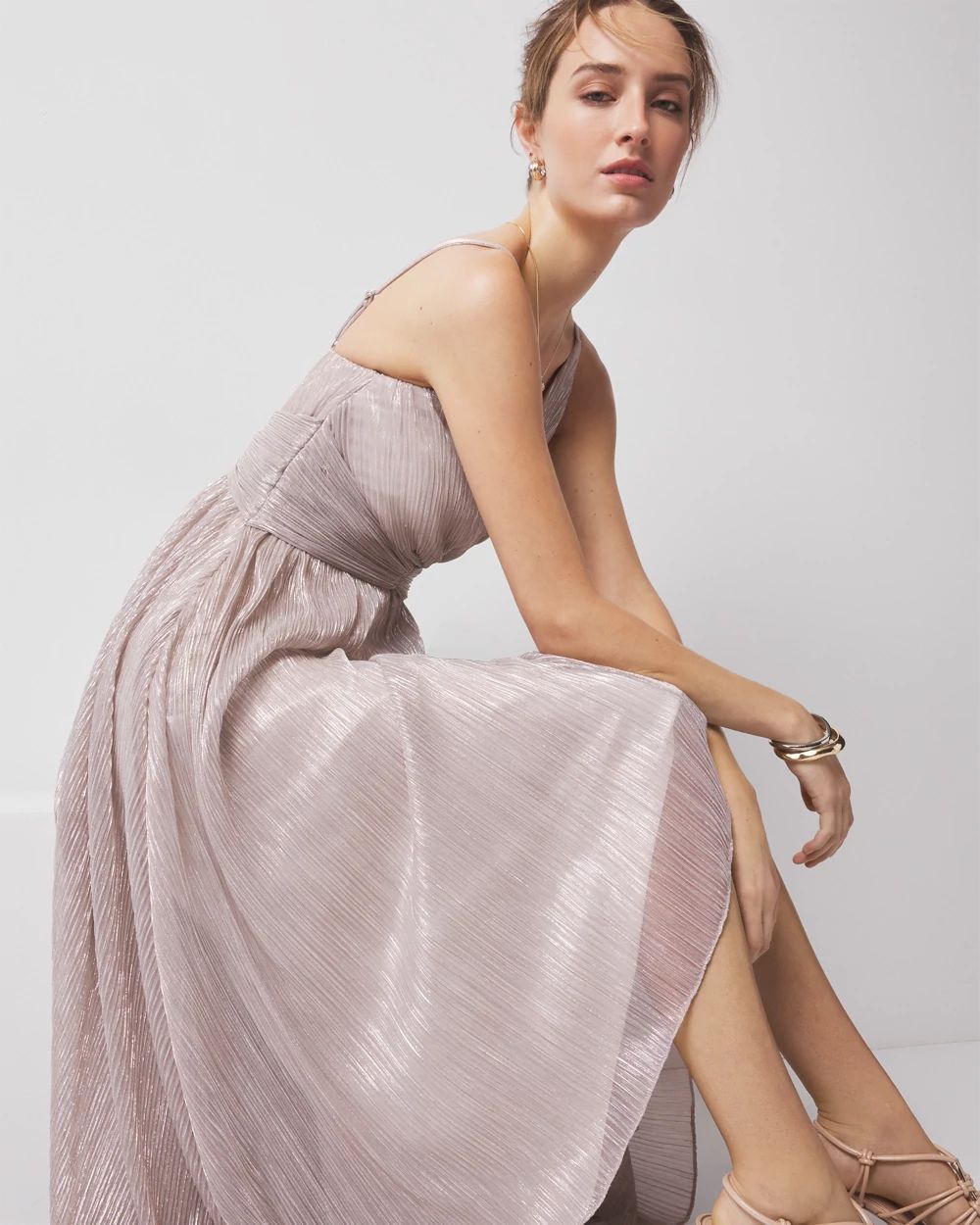 Twist-Front Pleated Midi Dress
