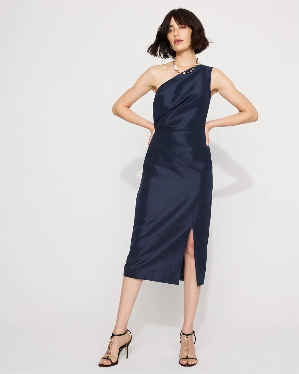 One-Shoulder Stretch Taffeta Midi Dress