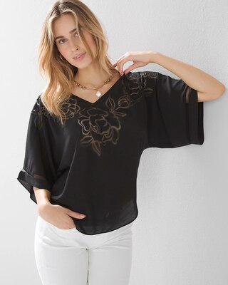Laser-Cut Floral Kimono Blouse