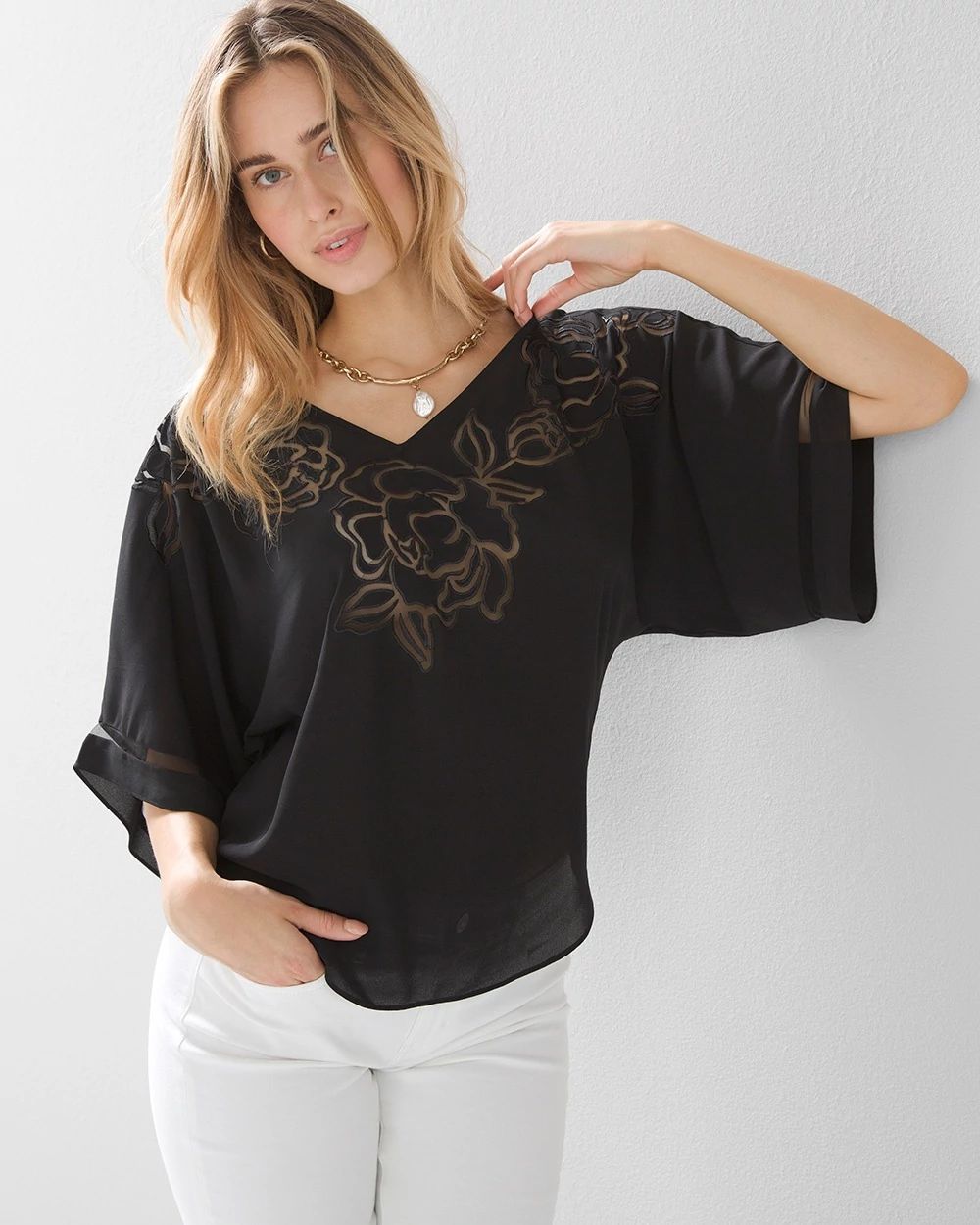 Laser-Cut Floral Kimono Blouse
