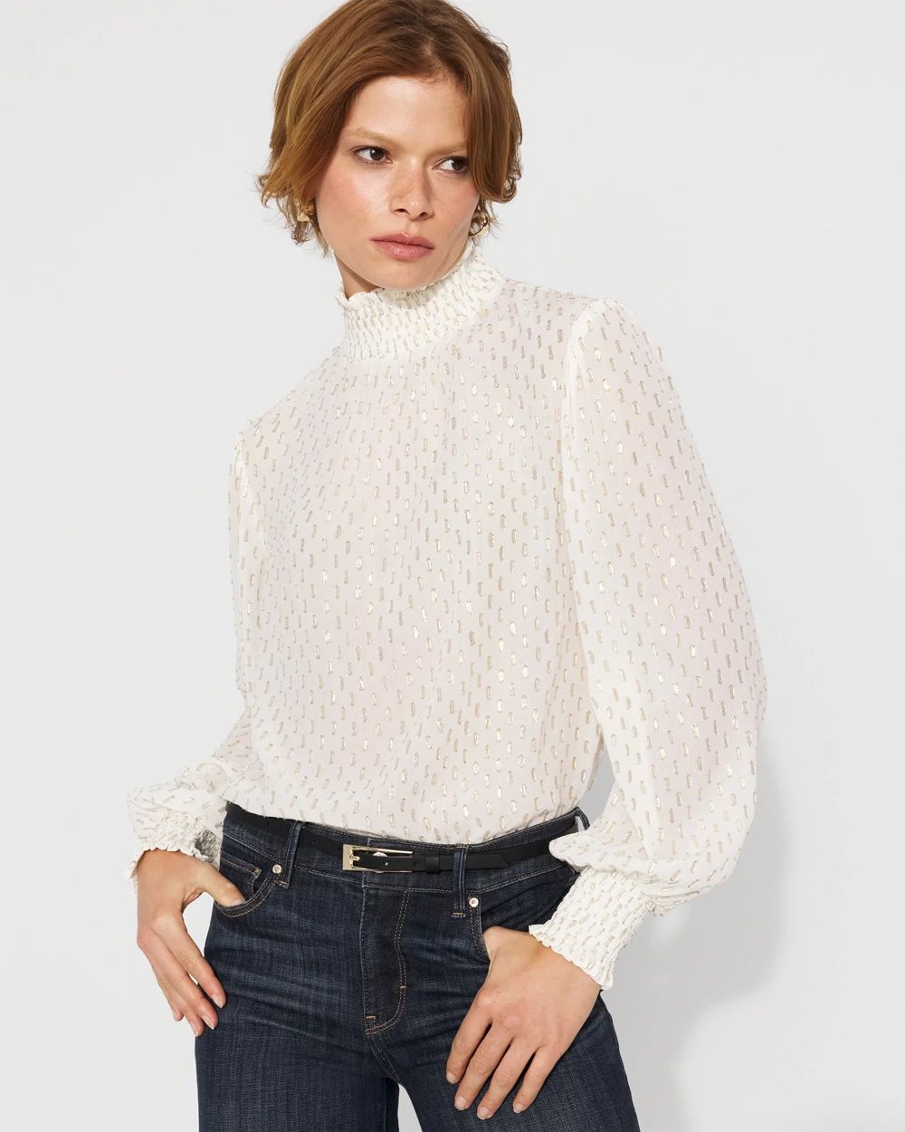 Jacquard + Gold Clip Mock Neck Blouse