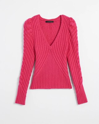 V-Neck Puff Sleeve Cable Pullover Sweater click to view larger image.