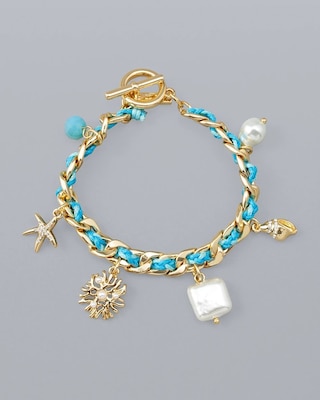 Woven Turquoise-Color And Goldtone Charm Bracelet