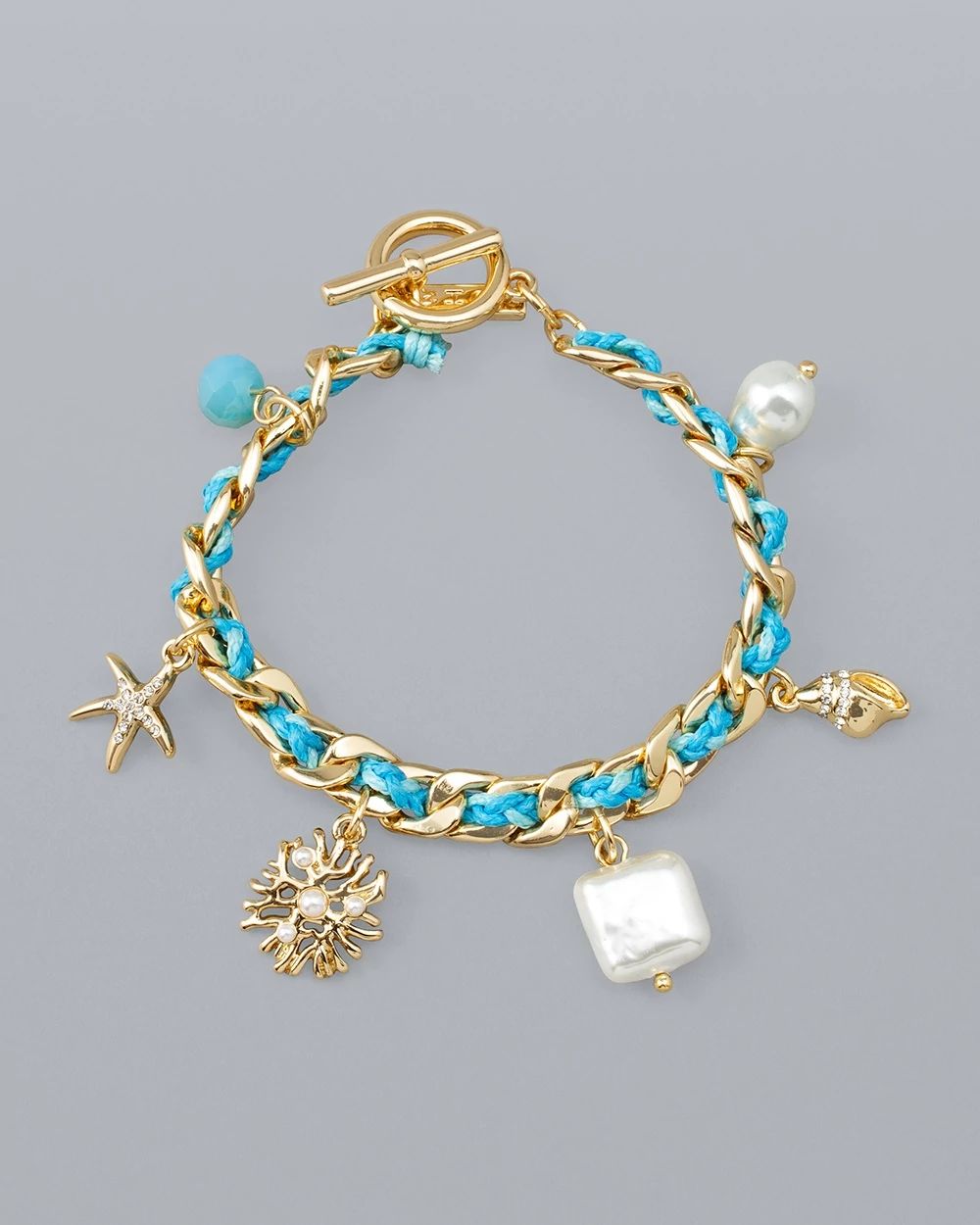 Woven Turquoise-Color And Goldtone Charm Bracelet