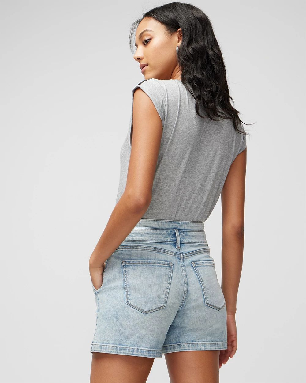 High Rise Everyday Soft Denim Pleated 5 Inch Shorts