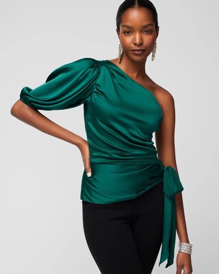 One Shoulder Satin Tie Blouse