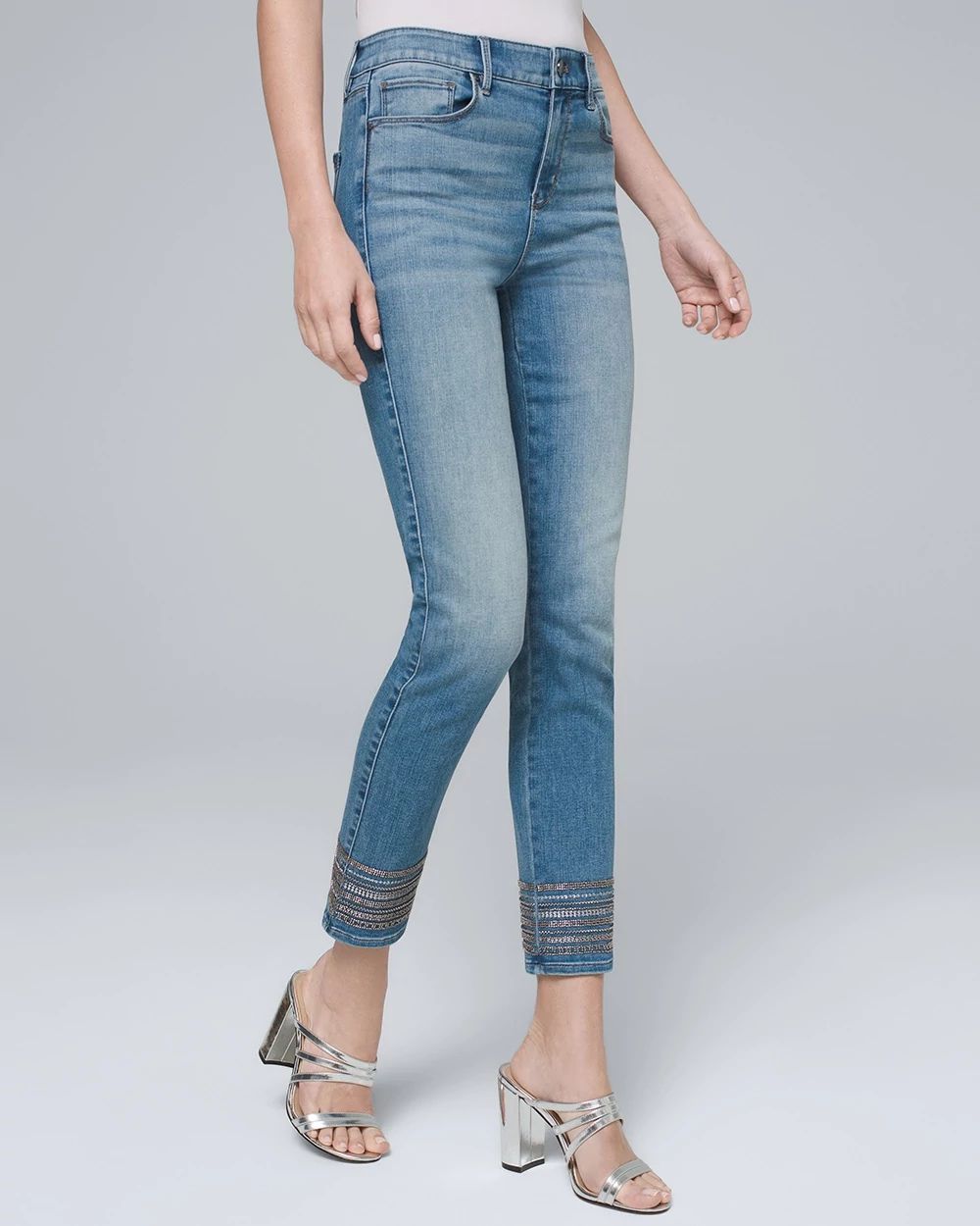 Mid-Rise Embroidered-Hem Slim Crop Jeans