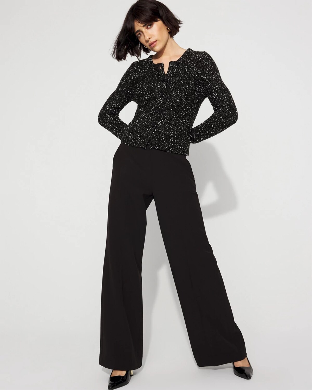 White House Black Market Metallic Tweed Button-front Cardigan Sweater In Black