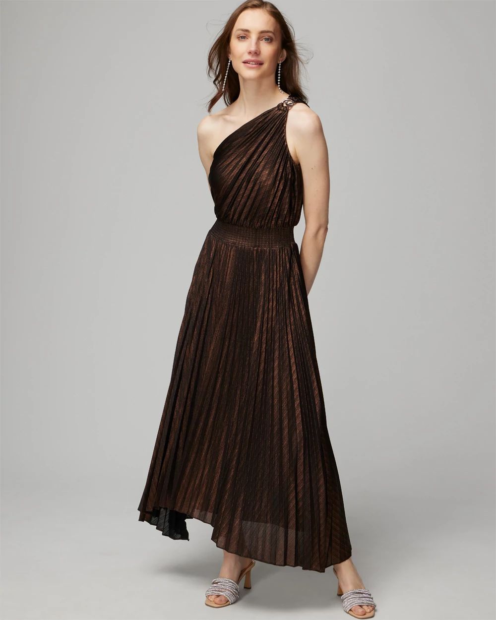 One-Shoulder Bronze Pleated Maxi Dress