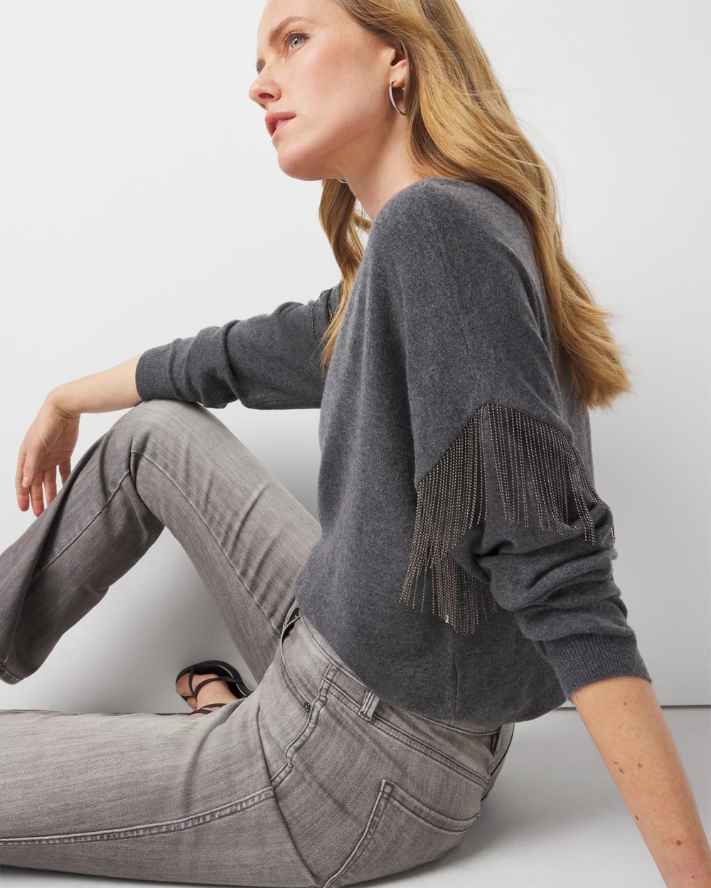 Beaded Fringe Crewneck Pullover