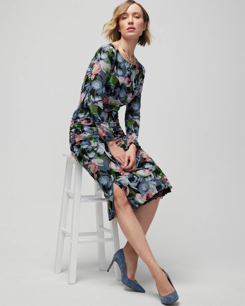 Long-Sleeve Reversible Mesh Sheath Dress