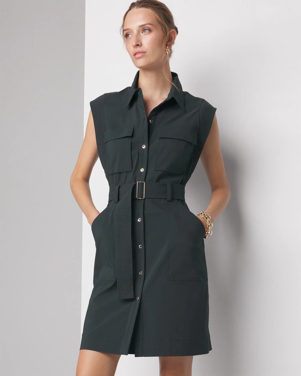 Petite Cap-Sleeve Utility Mini Shirt Dress | White House Black Market