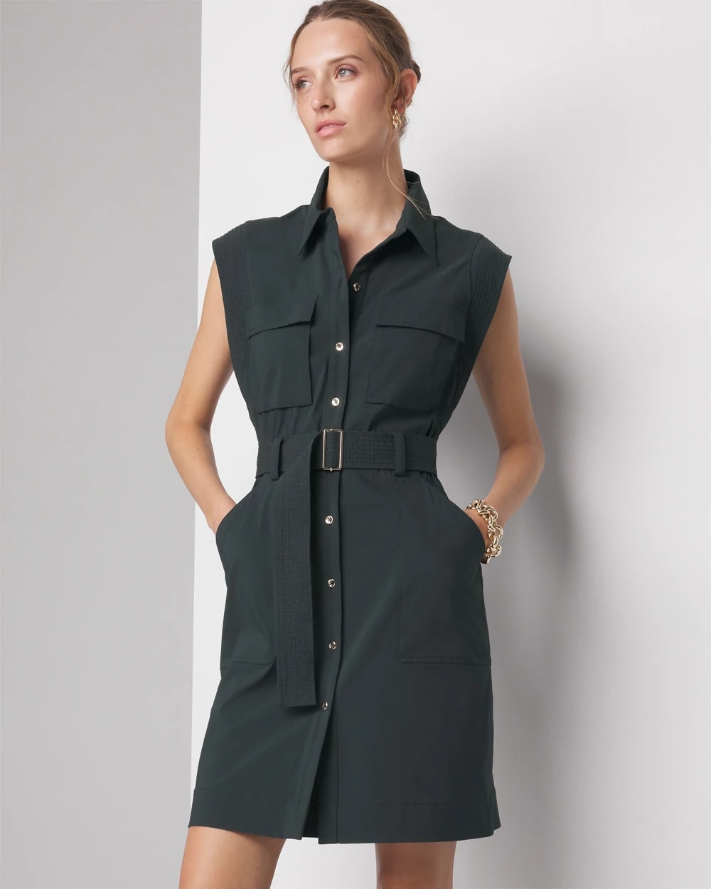 Petite Cap-Sleeve Utility Mini Shirt Dress | White House Black Market Petite Cap-Sleeve Utility Mini Shirt Dress | White House Black Market