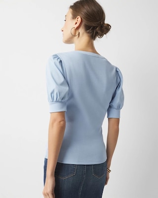 Poplin Puff-Sleeve Henley Top click to view larger image.