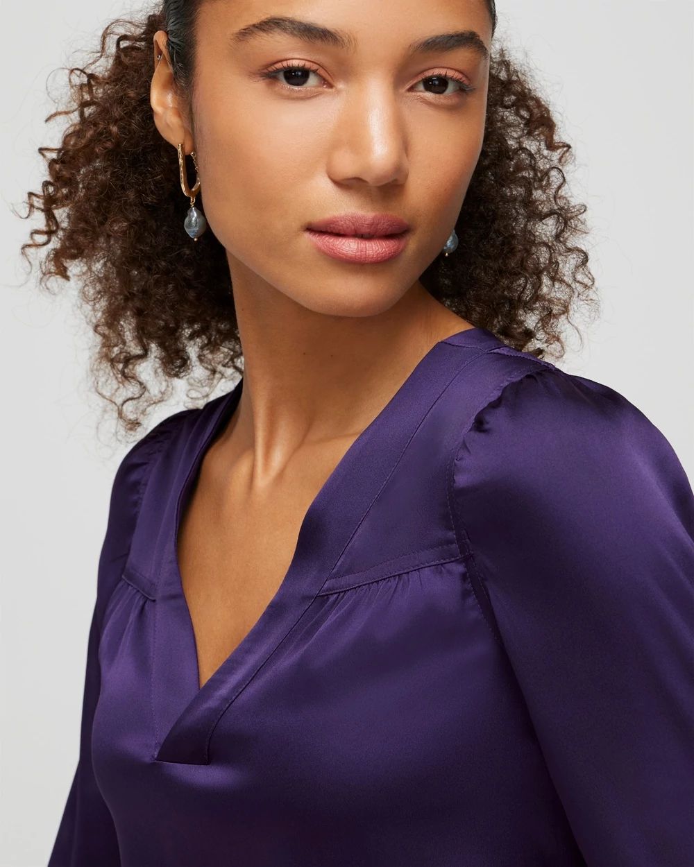 Long Sleeve Topstitch Satin Blouse