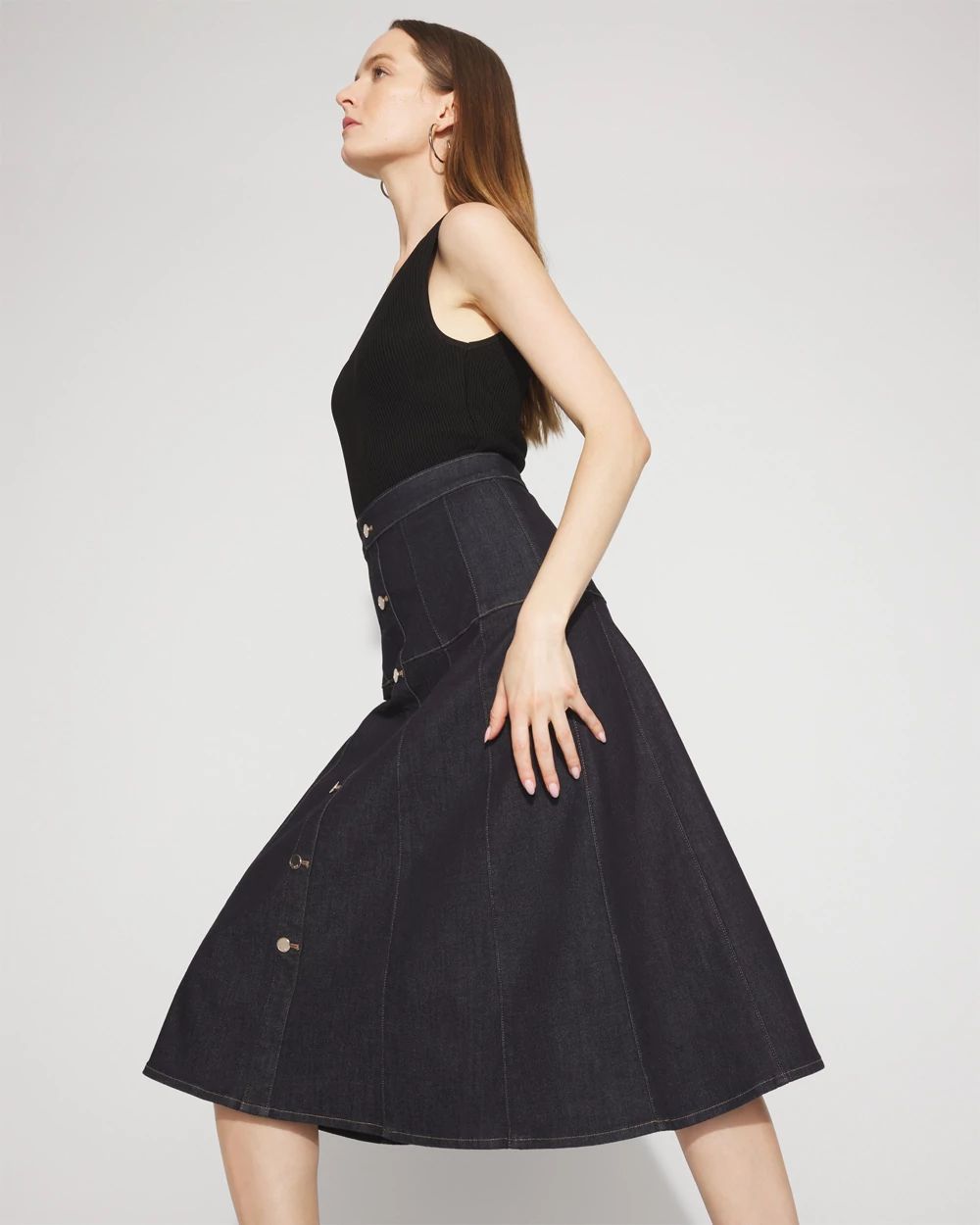 Drop Waist Denim A-Line Midi Skirt click to view larger image.