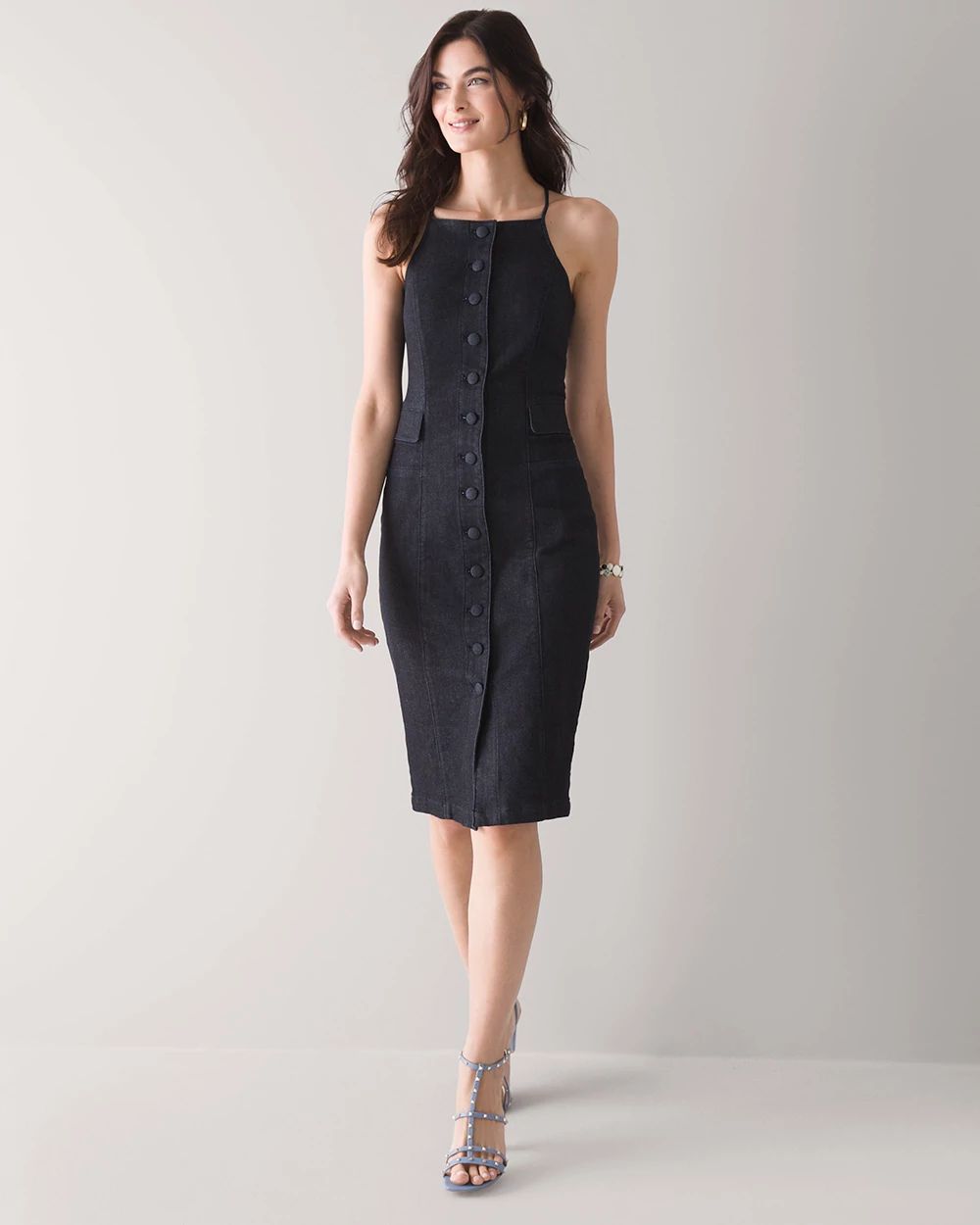 High-Neck + Strappy Denim Dress