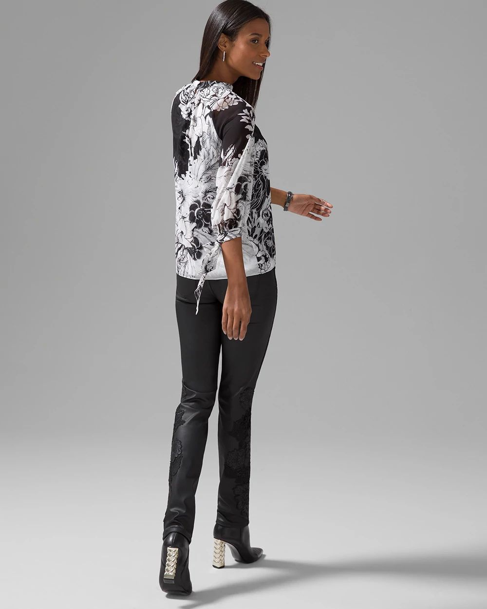 Black + White Floral Print Tie-Sleeve Blouse