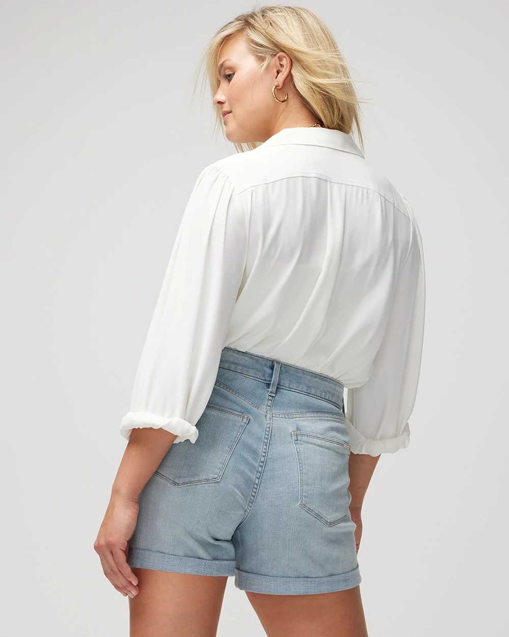 Curvy Mid-Rise Everyday Soft Denim  Destucted 5-Inch Shorts click to view larger image.