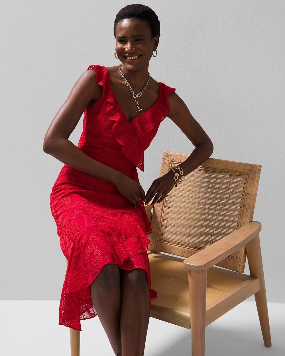 Eyelet Ruffle Wrap Dress click to view larger image.