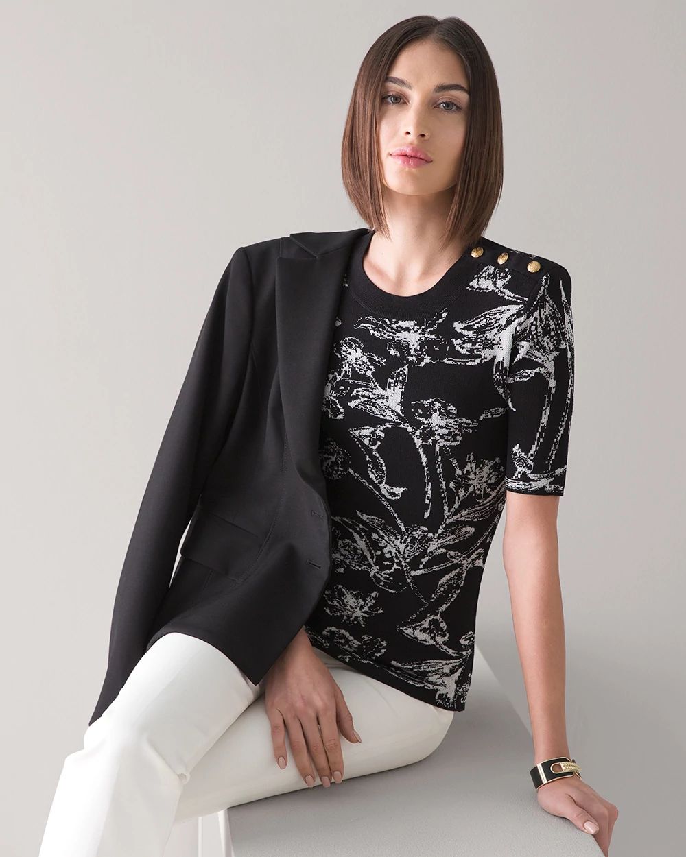 Button Shoulder Jacquard Sweater