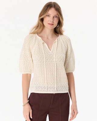 Pointelle Knit Puff Sleeve Pullover