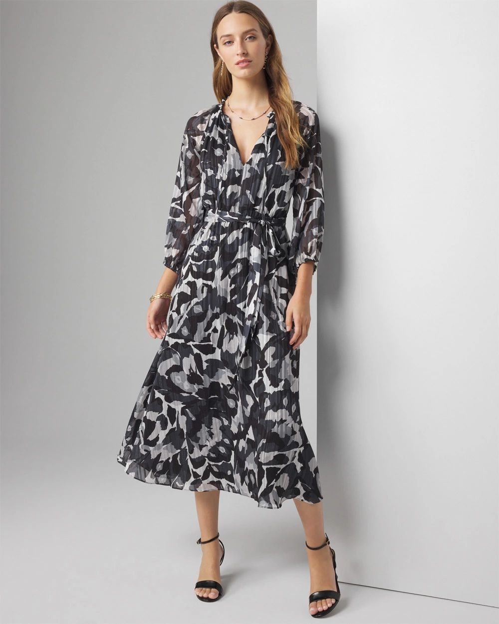 Petite Long Sleeve Printed Midi Dress