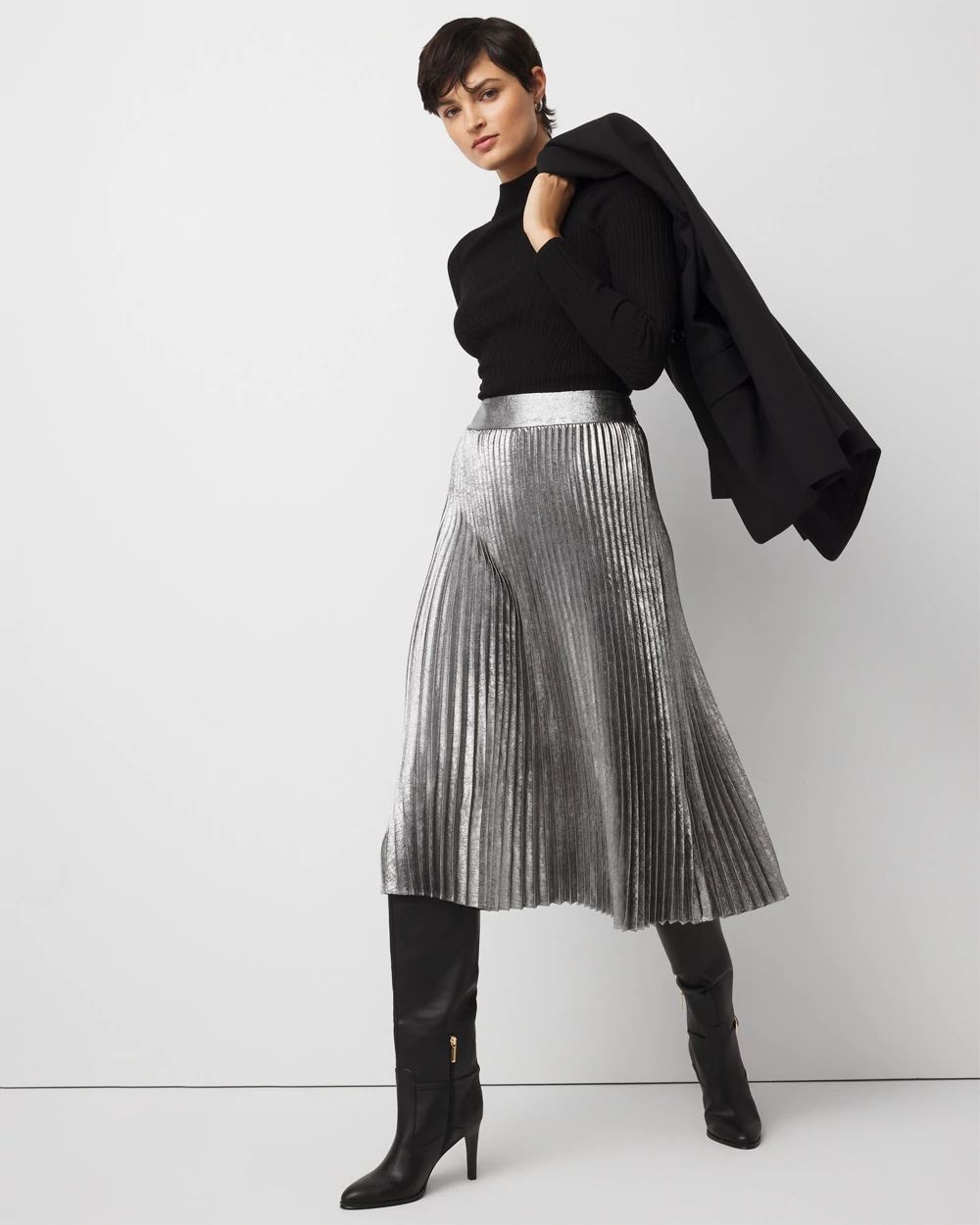 Pleated Chiffon Metallic Midi Skirt