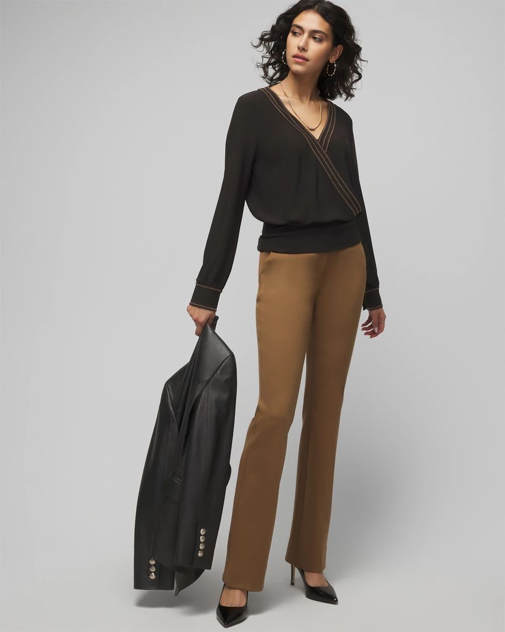 Contrast Stretch Long Sleeve Surplice Top