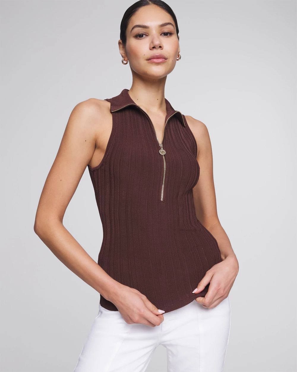 Half Zip Rib Halter Sweater Tank