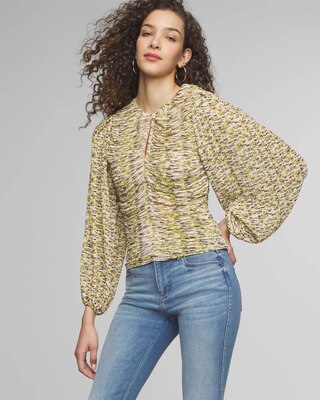 Long Sleeve Pleated Keyhole Blouse