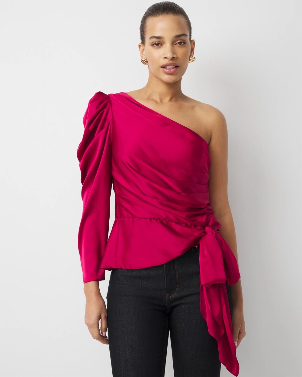 One-Shoulder Tie-Waist Satin Blouse