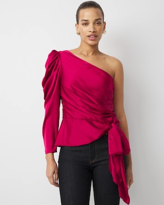 One-Shoulder Tie-Waist Satin Blouse