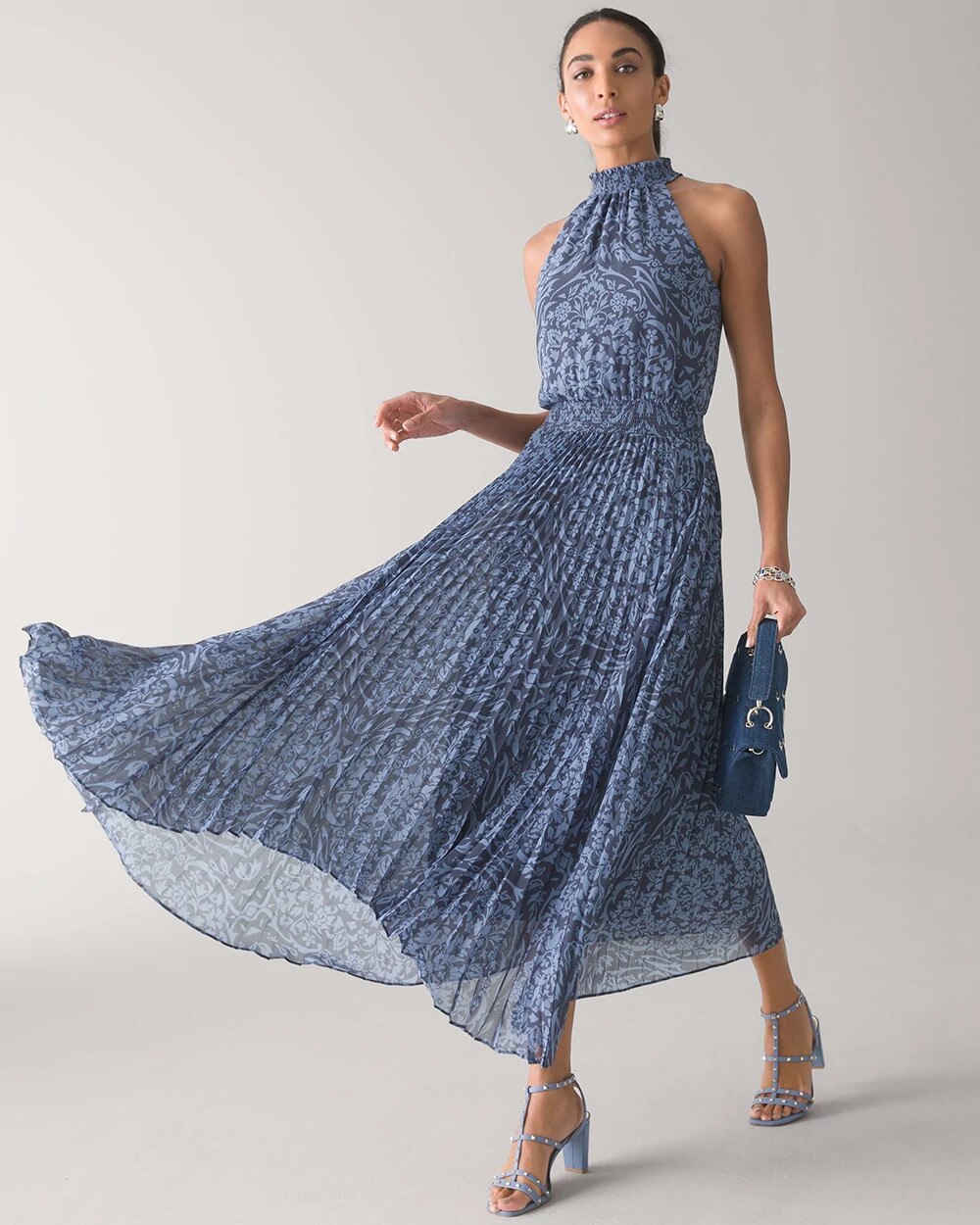 Halter Pleat A-Line Midi Dress