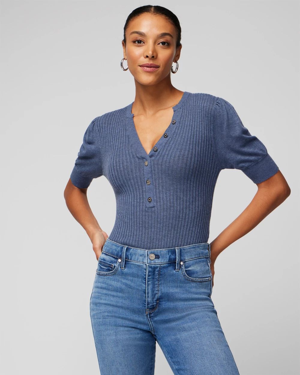 Elbow Sleeve Cashmere Blend Puff Henley Sweater