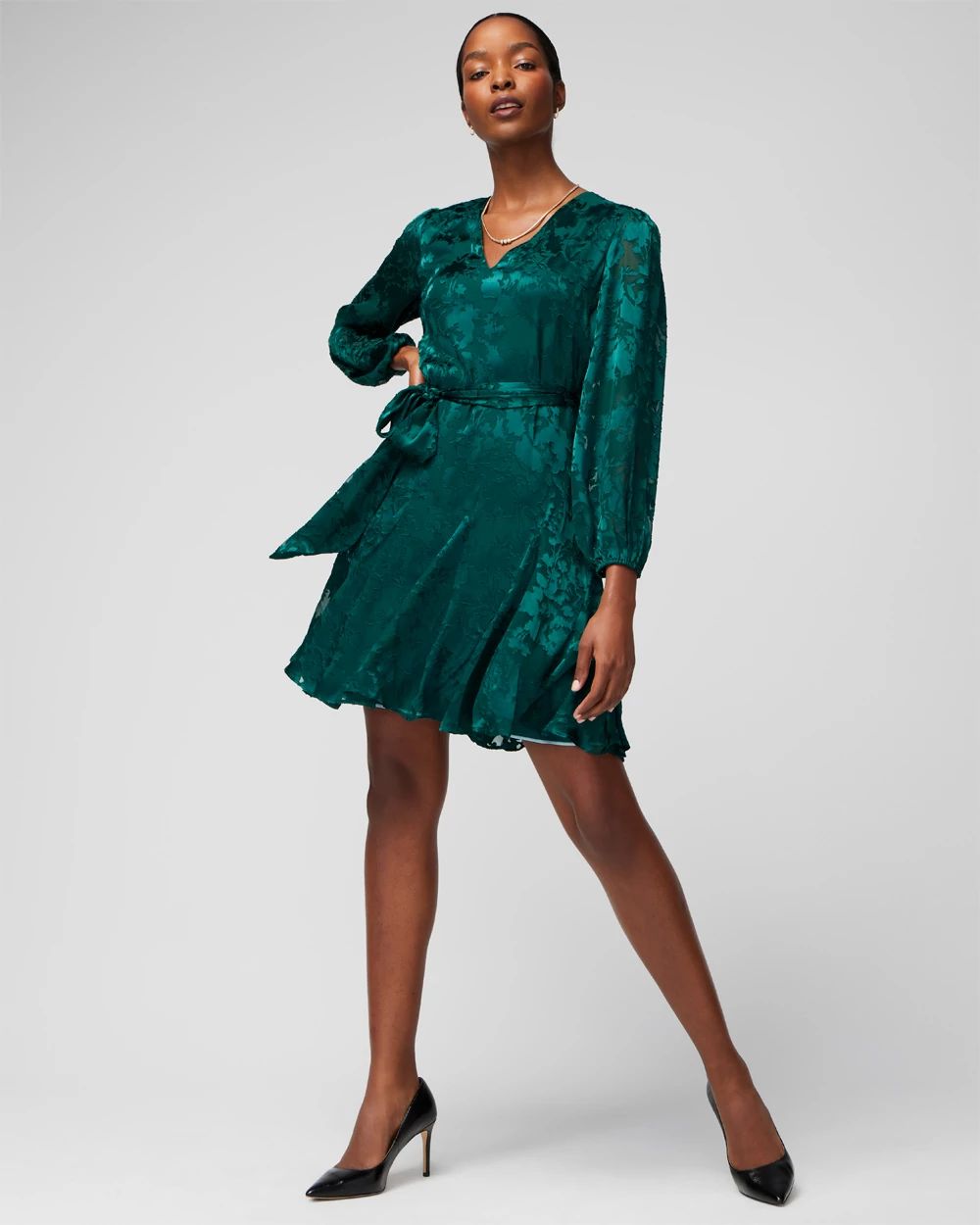 Long Sleeve Burnout V-Neck Godet Dress