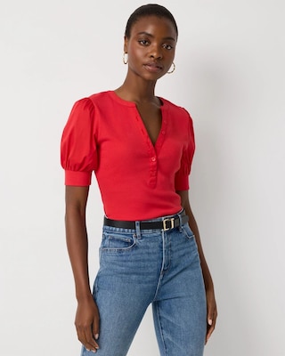 Poplin Puff Sleeve Henley Top