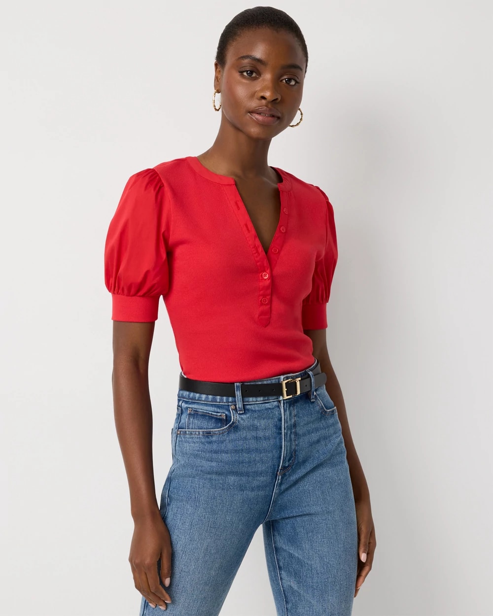Poplin Puff Sleeve Henley Top
