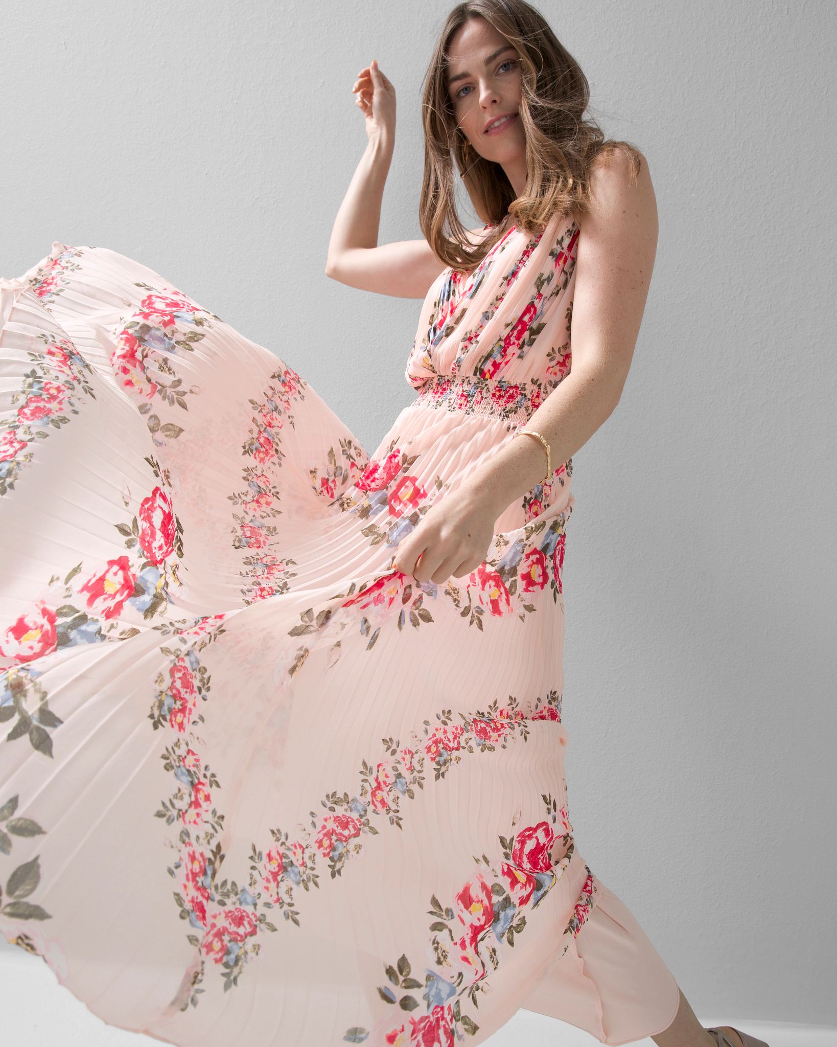 Sleeveless Smocked Pleated Midi Dress