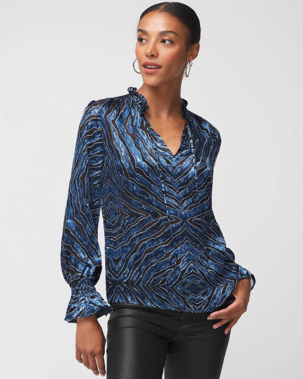 Long Sleeve Silk Burnout Tie Blouse click to view larger image.