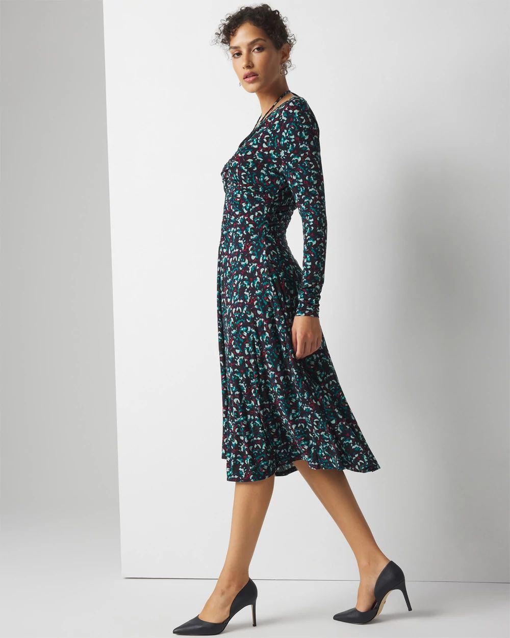 Petite Long Sleeve Ruched Front Midi Dress