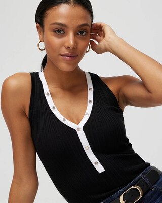 V-Neck Snap-Front Rib Knit Sweater Tank