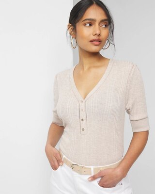 Cashmere Blend Elbow-Sleeve Henley Sweater